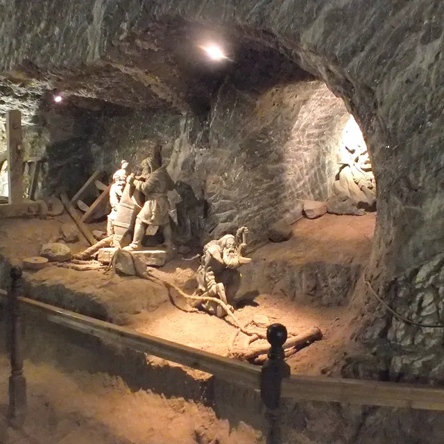 Miners at work in a tableau inside the Bochnia Salt Mine exposition
