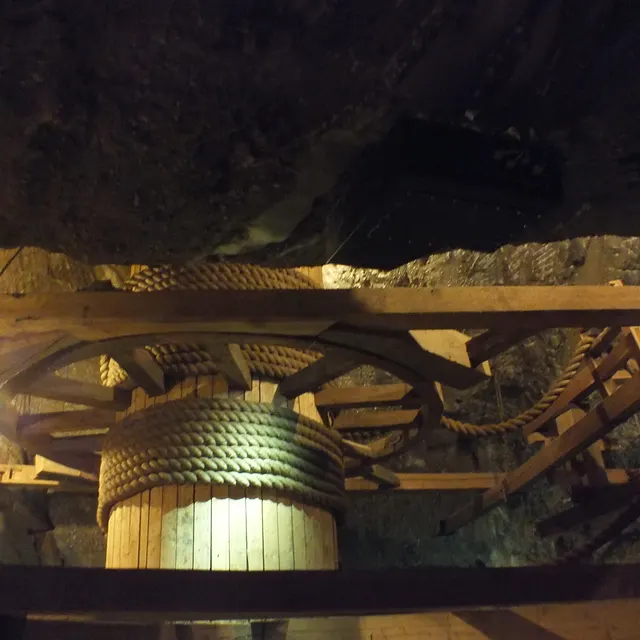 A wooden winding wheel in a chamber of the Bochnia Salt Mine